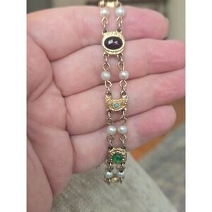 Unsigned Goldette Panel Victorian  Bracelet Faux Pearls Gemstones Vintage